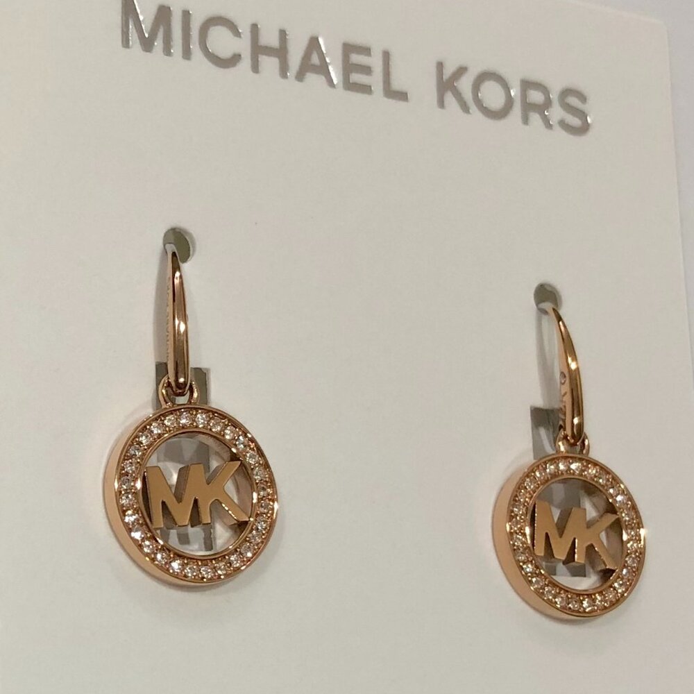 MICHAEL KORS Rose Gold Tone Logo Drop Dangle Pave Crystal Earrings